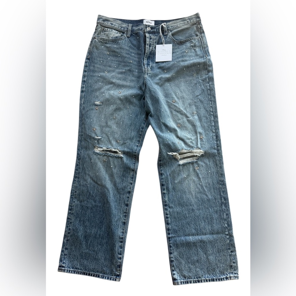 NWT Pistola Cassie Super High Rise Straight Leg Medium Wash Embellished jeans 33